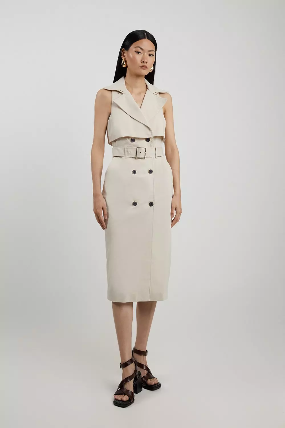 Tailored Cotton Double Breasted Storm Flap Detail Midi Shirt